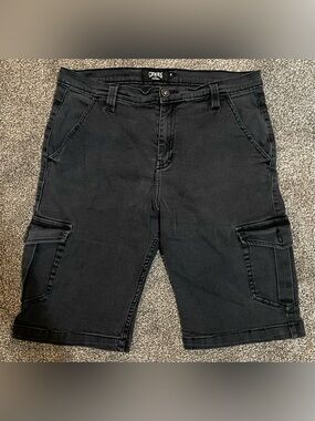 Crooks & Castles Black Cargo Denim Shorts with Side Pockets & Embroidered Medusa